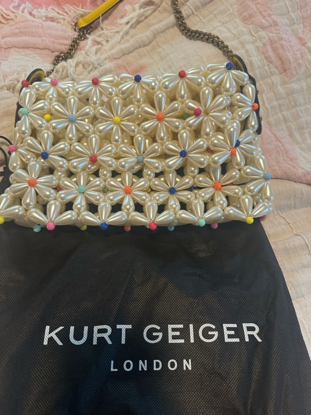 Kurt Geiger Cream Pearl Daisy Shoulder Bag with Multicolor Bead Centers